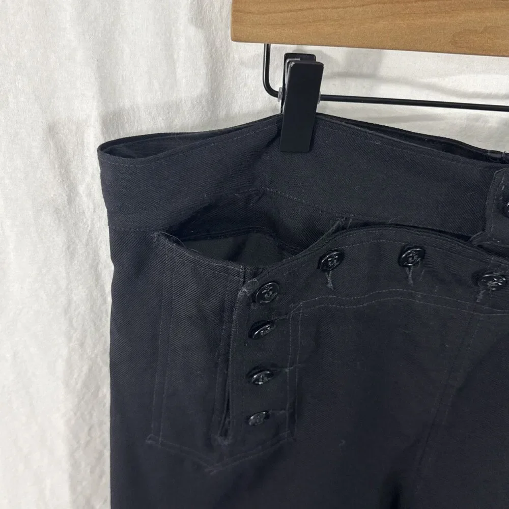 Vintage Black Sailor Wool Flap Front Uniform Wide Leg Tied Back Pants Mens 42R